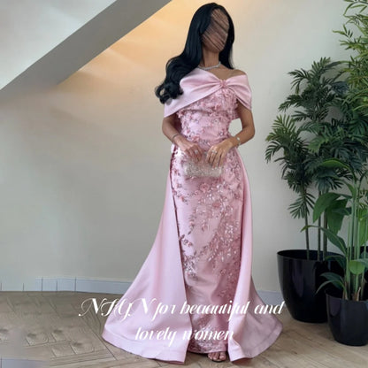 NFYN Pink Elegant Prom Dresses Off the Shoulder Pleating Appliques Party Dress Satin 3D-Bow Mermaid Evening Dresses Customized