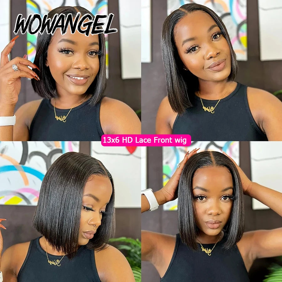 Wow Angel 13x6 HD Lace Front Wigs Short Bob Straight Lace Frontal Human Hair Wigs Pre Plucked Lace Melted Brazilian For Women