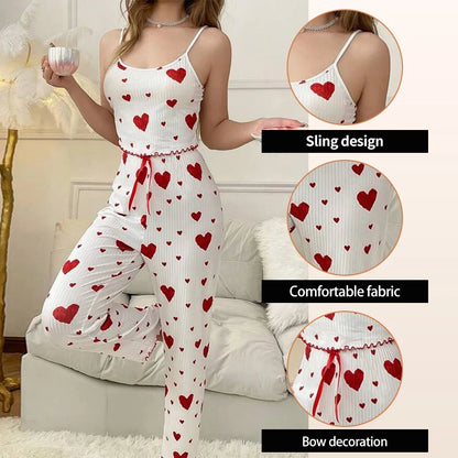 Women's Two-Piece Ice Silk Ribbed Sexy Printed Vest and Bow Decoration Long Pants Home Casual Women's Sleepwear Set