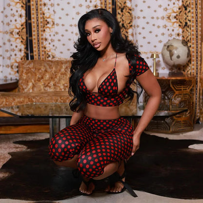 FAGADOER Sexy Woman 3 Piece Set Outfit Polka Dot Print Patchwork Short Sleeve Crop Top and Pants Matching Female Streetwear New