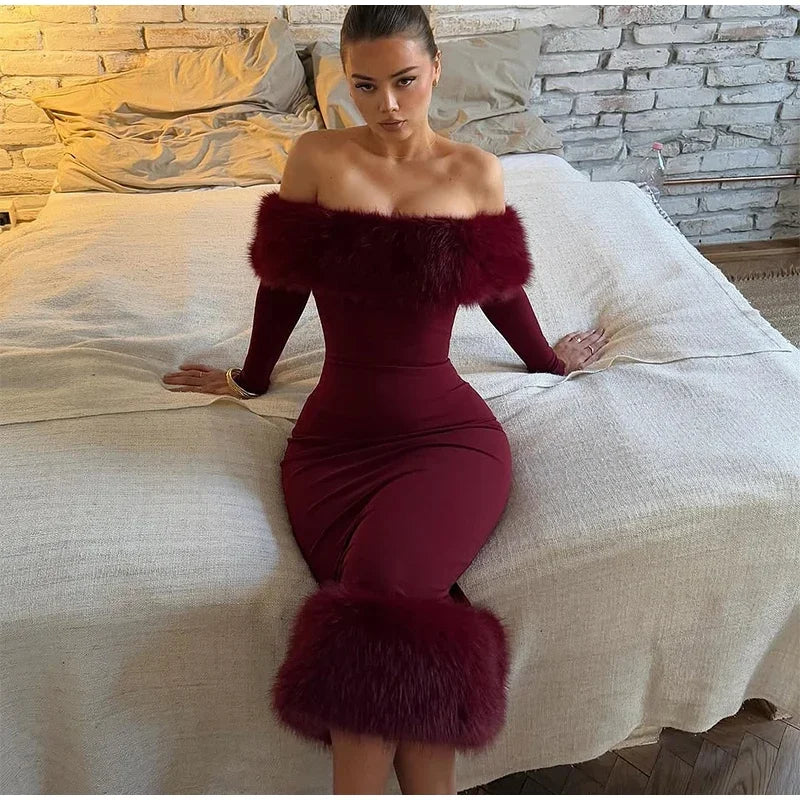 Faux Fur Patchwork Strapless Dress Women Sexy Off-shoulder Full Sleeve Cinched-waist Slim Long Gown Lady Christmas Party Dresses
