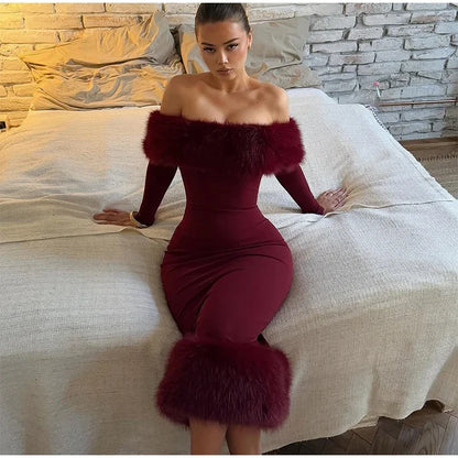 Faux Fur Patchwork Strapless Dress Women Sexy Off-shoulder Full Sleeve Cinched-waist Slim Long Gown Lady Christmas Party Dresses