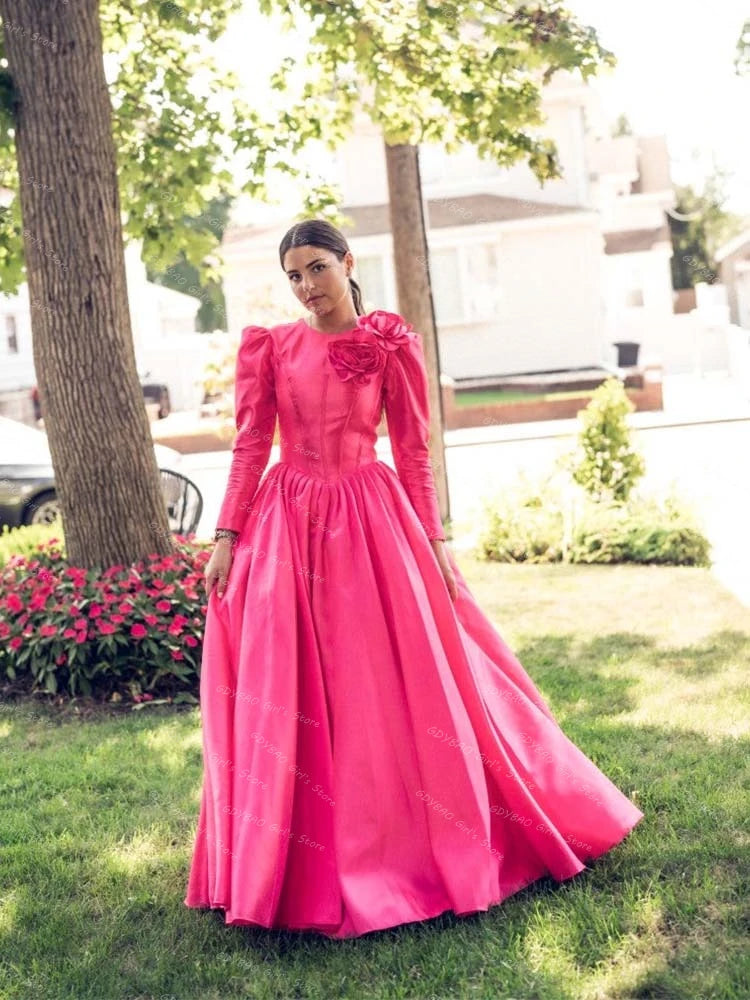 Elegant Women's A-line Prom Dress Round Neck Full Sleeves Evening Gown with 3D Flowers Floor-Length Satin Formal Dress Custom