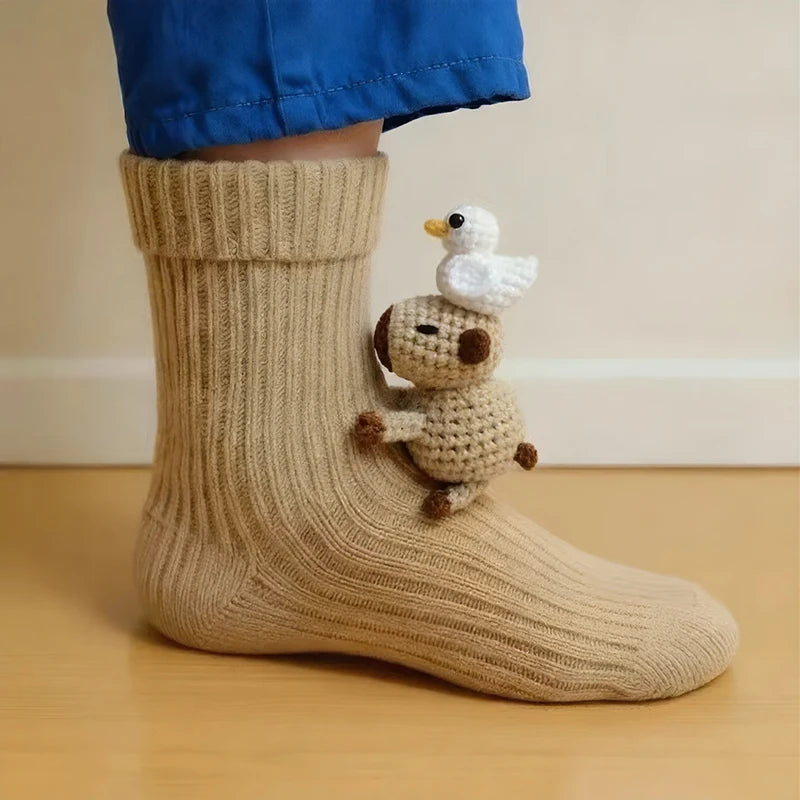 3D Knit Animal Socks Cute Floor Socks Hand Crocheted Double Layer Warm Sock with Cute Rabbit Panda Animals Christmas Gifts