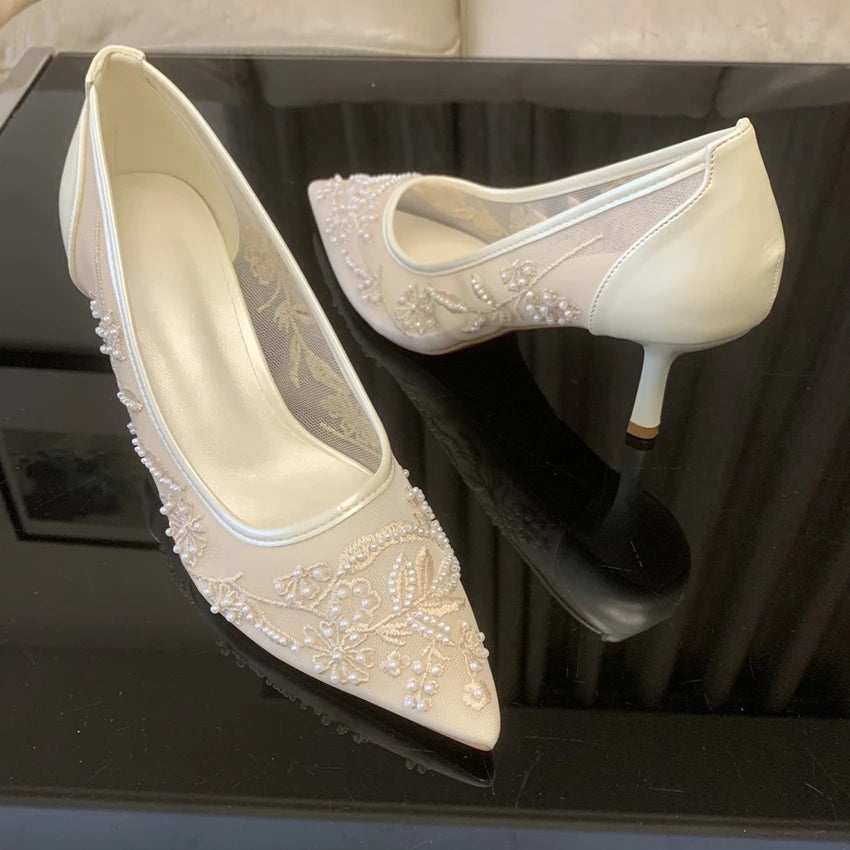 Pointed Toe Mesh Embroider High Heels for ladies Elegant String Bead pumps Sexy Luxury Designer Shoe Party Wedding Heeled Sandal