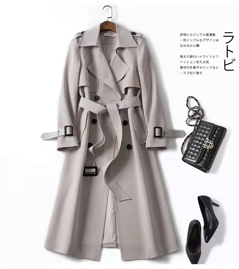 Long Trench Coat Women Lace Up Button Coats Full Sleeve Turn Down Collar Splice Jackets Solid Pockets Office Lady Streetwear