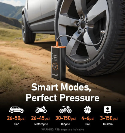 Tire inflator with digital pressure gauge and automatic power-off function, equipped with battery and 12V car adapter