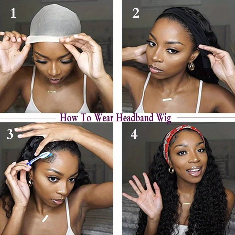 Human Hair 200% Density Headband Wig Human Hair Wigs Wear and Go Glueless Wig Curly Deep Wave Headband Wig Natural Color
