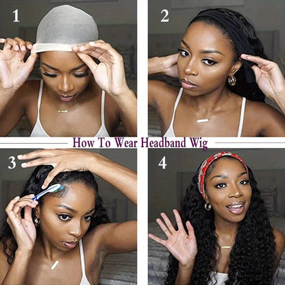 Human Hair 200% Density Headband Wig Human Hair Wigs Wear and Go Glueless Wig Curly Deep Wave Headband Wig Natural Color