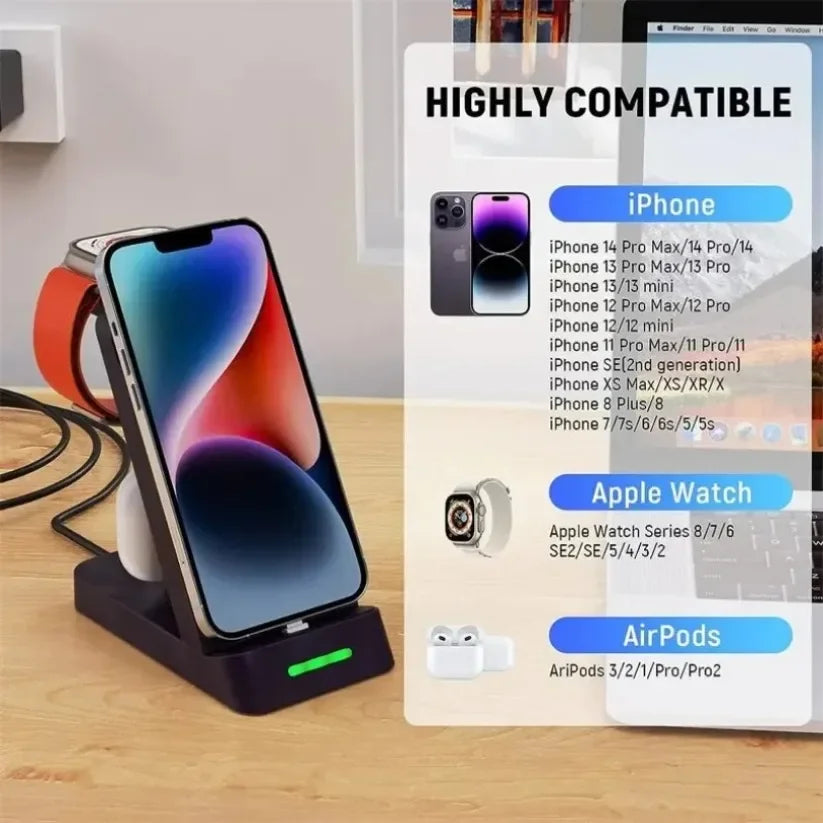 3 in 1 Wireless Charger Stand Fast Charging Station - for iPhone 17-12/X Apple Watch AirPods Samsung Galaxy S25/S23/S22 Charger