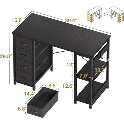 Compact 40 Computer Desk with Fabric Drawers, Ideal for Small Spaces, Home Office & Study with Storage Shelves, Black
