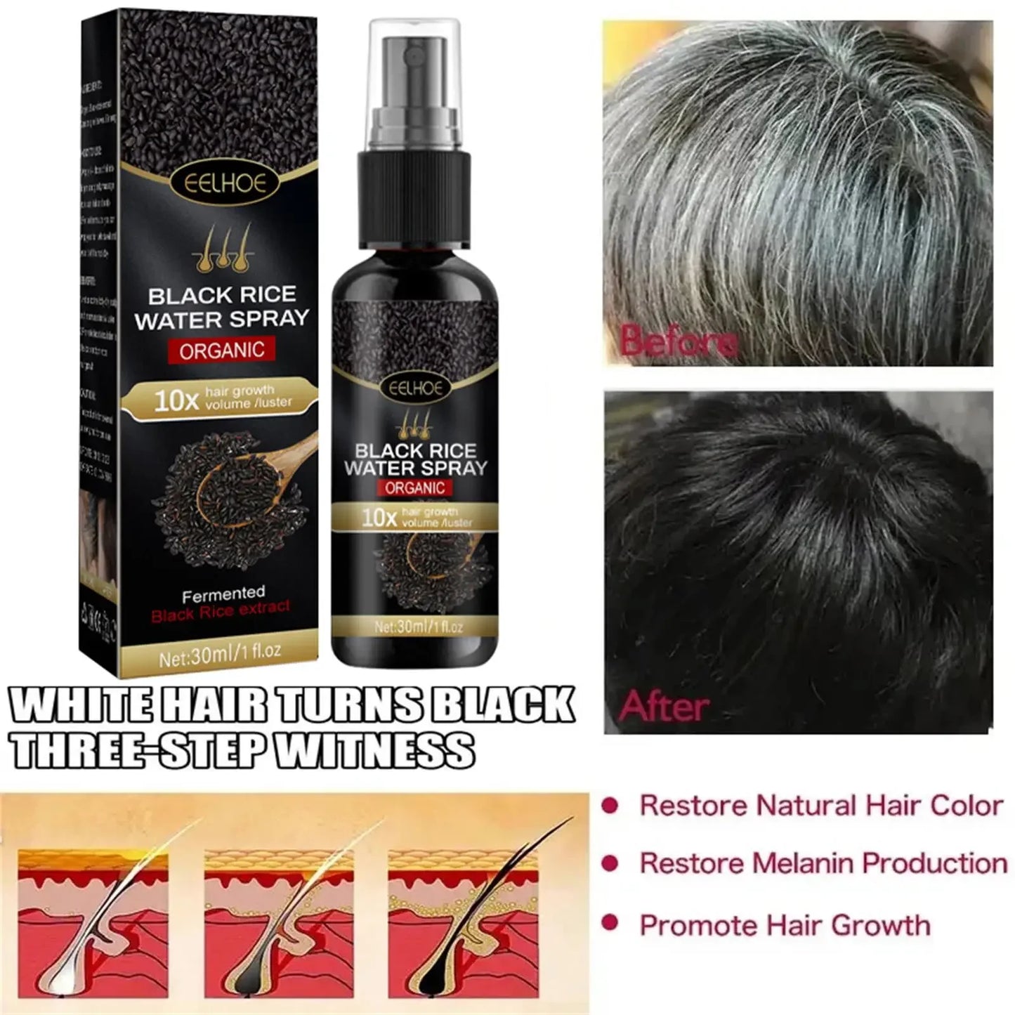 Gray White Hair Treatment Serum White To Black Repair Natural Color Black Rice Nourish Spray Anti Loss Hair High Quality Product
