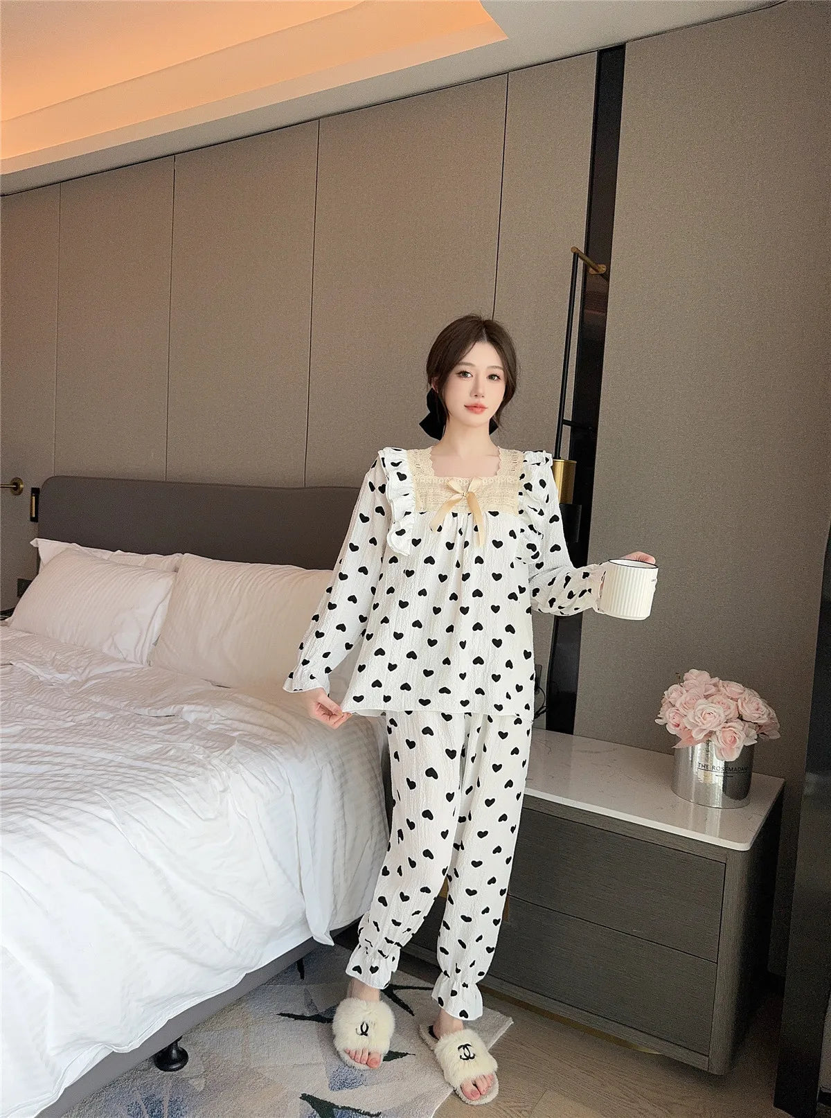 Lady Sweet Style Y2k Cartoon Women's Pajamas Bubble Cotton Bow Square Neck Female Nightgown 2024 Autumn New Youth Chic Sleepwear