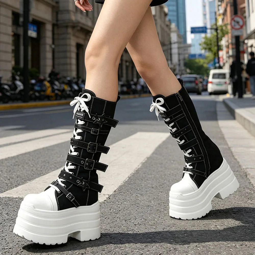 2026 Winter Punk Women Platform Knee High Boots Canvas Patchwork Lace-up Multi Metal Buckle Straps Chunky Heel Motorcycle Boots