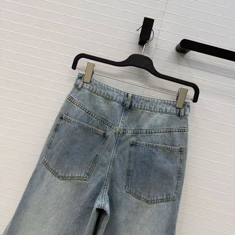 Irregular ruffled denim flared pants for women - high-waisted, loose-fitting, slimming, floor-length pants. 2026 new style.