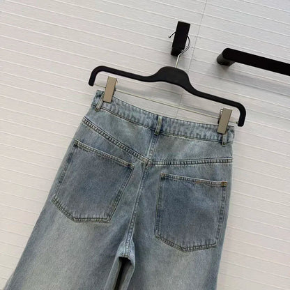 Irregular ruffled denim flared pants for women - high-waisted, loose-fitting, slimming, floor-length pants. 2026 new style.