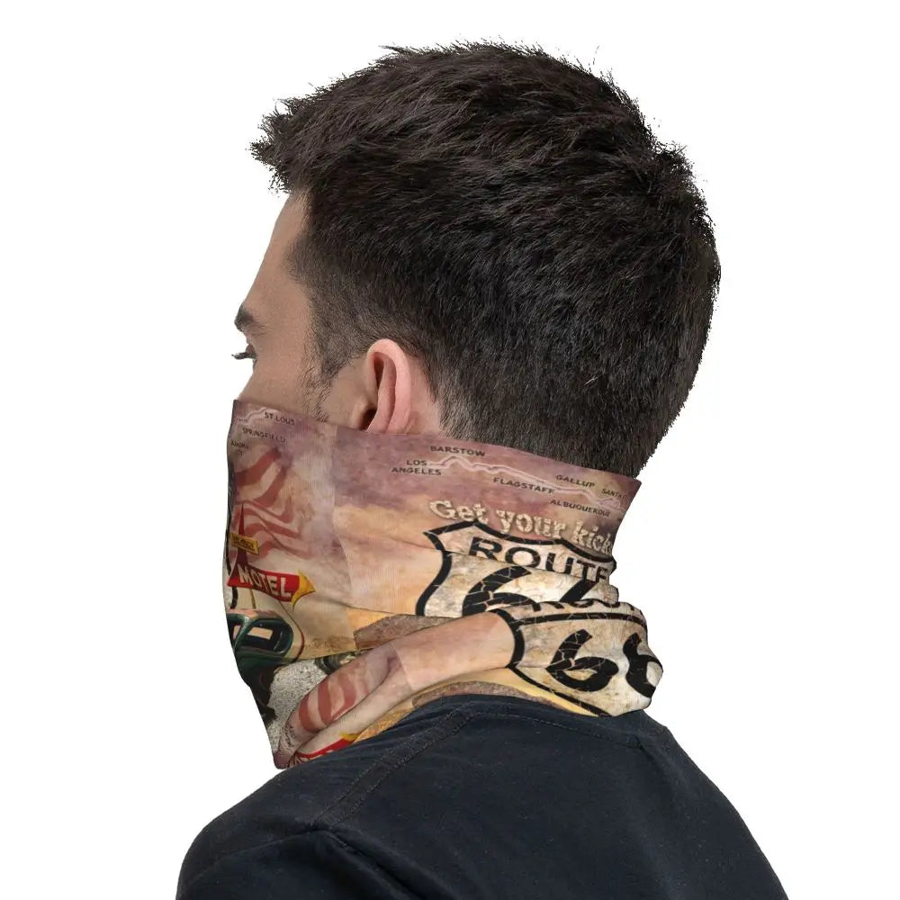 Custom Travel Motorcycle Ride Route 66 Bandana Winter Neck Warmer Windproof Wrap Face Scarf for Hiking Highways Gaiter Headband