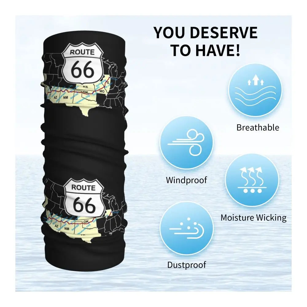 Custom Travel Motorcycle Ride Route 66 Bandana Winter Neck Warmer Windproof Wrap Face Scarf for Hiking Highways Gaiter Headband