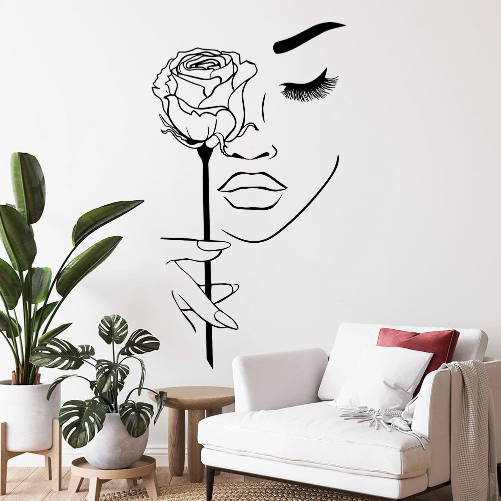 creative black girl face rose sticker for salon living room decoration self adhesive wall decal