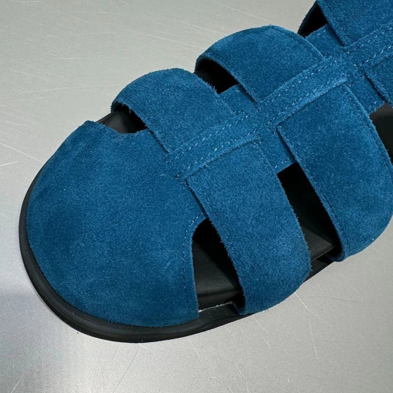 AUTUSPIN Retro Women Genuine Leather Flat Sandals Fashion Comfort Casual Buckles Shoes Woman Summer Hollow Out Sandals Round Toe