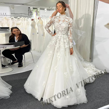 VIKTORIA Fashionable A-line Wedding Dresses for Women Sweetheart Long Sleeves Pleat Appliques Zipper Robe De Soiree De Mariage
