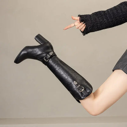 Girseaby British Style Women Knee High Boots Round Toe Block Heel 7.5cm Zipper Plus Size 51 52 Fashion Riding Bota