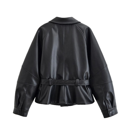 HH Women Fashion Black Short Faux Leather Trench Coat Long Sleeve Lapel Jacket With Belt Vintage Lady Motorcycle Jacket Outwear