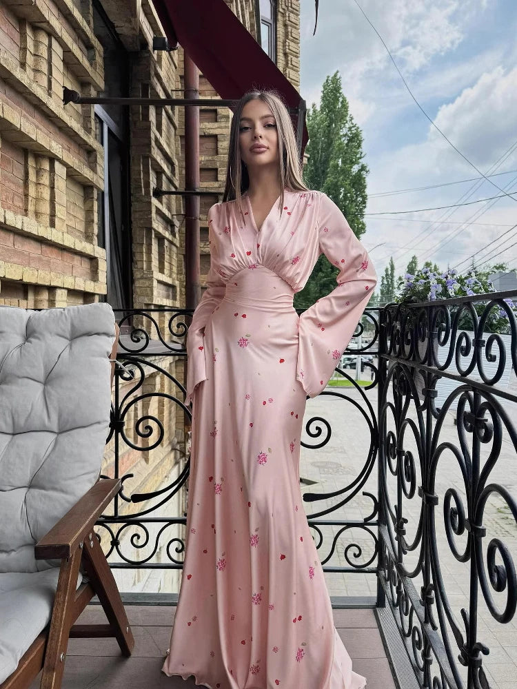 Vintage Floral Halter Deep V Neck Women's Dress Sexy Side Waist Cutout Flowy Long Sundress Summer New Chic Vacation Party Outfit