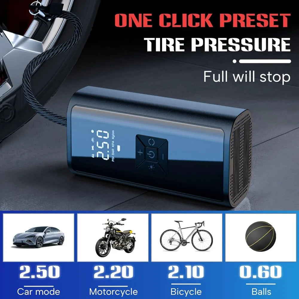 Portable 150 PSI Cordless Air Compressor Tire Inflator USB Charging LED Light Power Bank for Cars Motorcycles Bicycles Balls