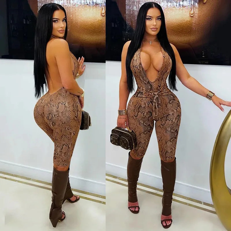 FAGADOER Sexy Python Print Patchwork Bodycon Jumpsuits Woman Halter Deep V-neck Backless Rompers Female Streetwear Overalls New