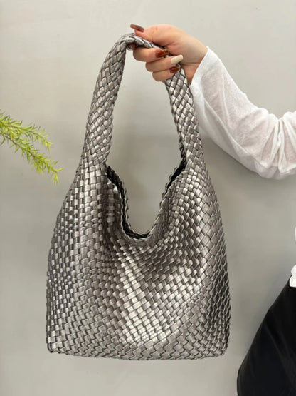 Women's Fashionable Woven PU Leather Tote Bag Shoulder Handbag Top-Handle Bag with Purse - Stylish Woven Bag Purses