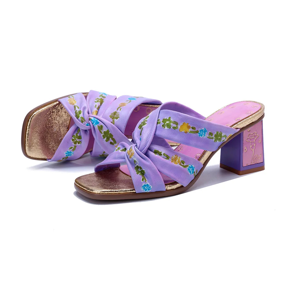 Purple Handmade Woman Slippers Luxury Party Banquet Shoes 6.5CM High Heels Summer Fashion Slide Lady Square Toe Bohemian Sandals