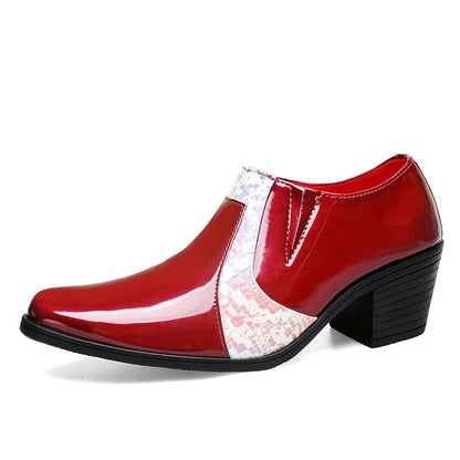 Black Pu Leather Business Dress High Heel Men's Shoes Pointed Toe Slip-on Elegant Party Wedding Shoes Thick Bottom Plus Size
