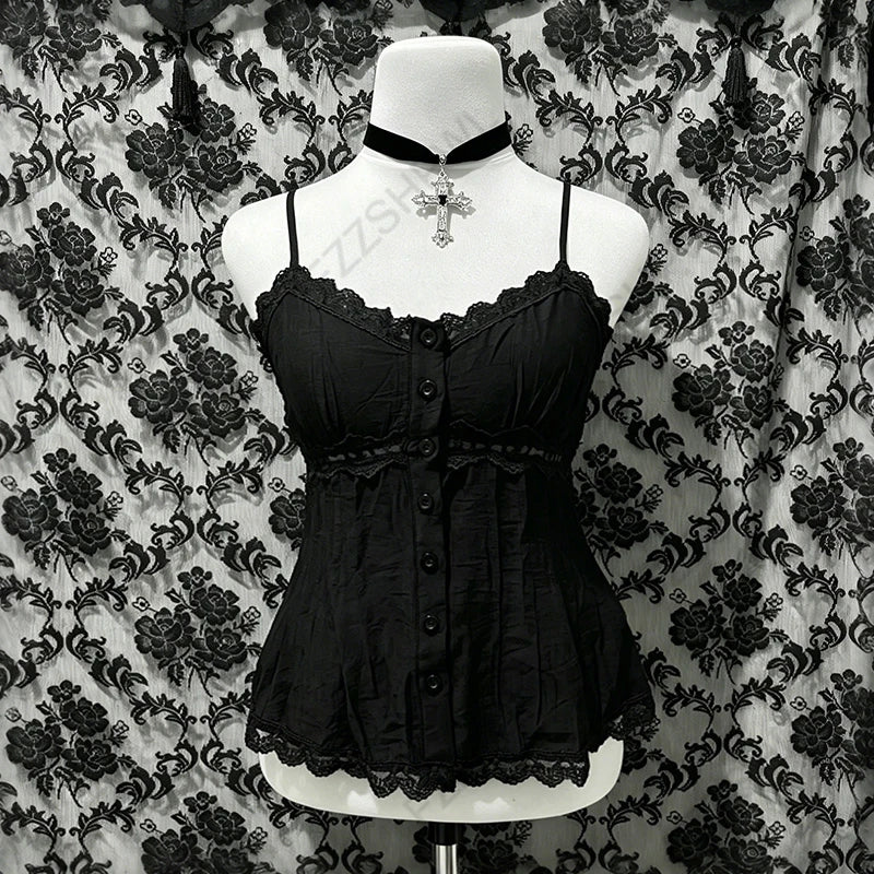 Gothic Y2K Aesthetic Women's Camisole Top Casual Slim Fit Sexy Solid Color Lace Crop Tees Grunge Punk Hotties Summer Streetwear