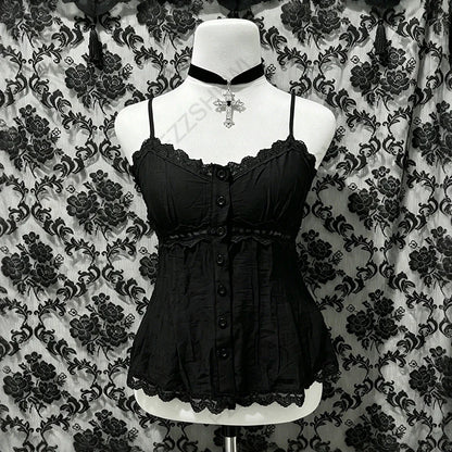 Gothic Y2K Aesthetic Women's Camisole Top Casual Slim Fit Sexy Solid Color Lace Crop Tees Grunge Punk Hotties Summer Streetwear