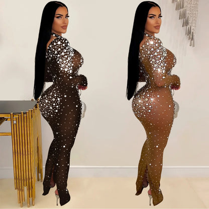 Party Dress Women Floor Length Dresses Vestidos Hot Drilling Evening Bodycon Square Collar Prom High Waist Evening Night 2025