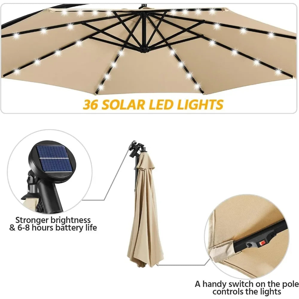 Solar Offset Umbrella with 10FT 32 LED Lights Cantilever Outdoor Umbrellas Handy Crank & Cross Base  for The Beach for Backyard