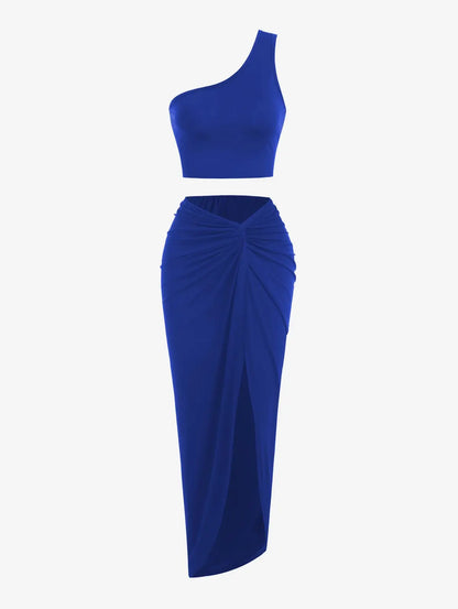 Spring and Autumn New Popular Women's Y2K Knit Off-Shoulder High Stretch Vest Top and Sexy Slit Half Skirt Set