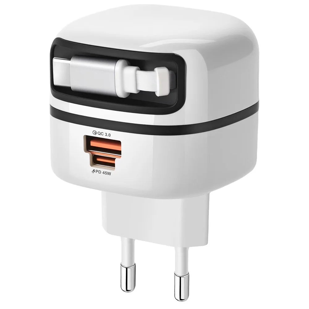 HAPPORIA 65W USB C Fast Charger Retractable Cable 3 Port Travel Adapter Foldable Plug PD Charger for iPhone 15 16 17 Samsung