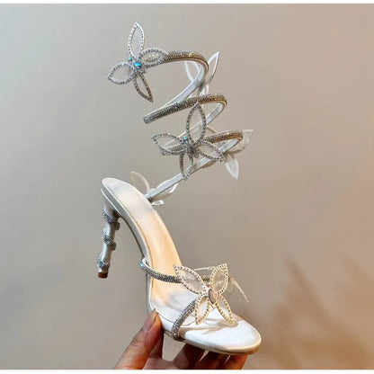 Luxury Crystal Embellished Butterfly Detail Women Sandals Sexy Coiled Strap Thin High heels Gladiator sandals Summer Party Shoes