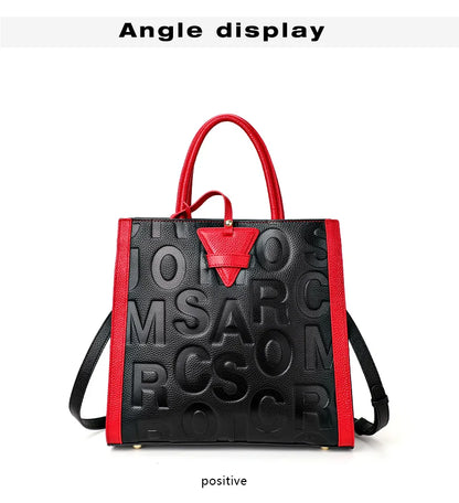Genuine leather letter printed women's handbag new large capacity contrasting leather crossbody bag