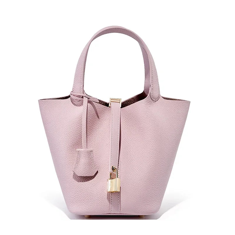 Genuine Leather Shoulder Bucket Bag Women Litchi Pattern Mini Basket Tote Soft Handbag Mommy Bride Wedding Bags with Lock