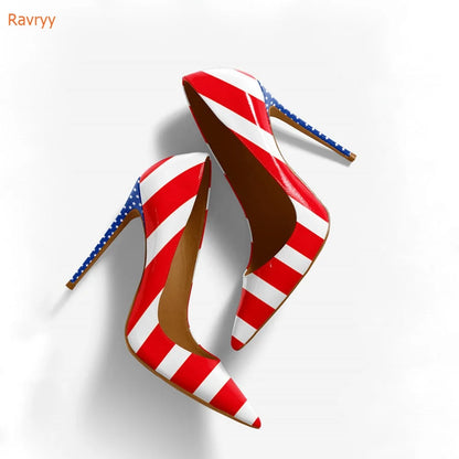 American Flag Prints Thin Heels Shoes Pointed Toe Patent Leather Women Shoes Slip On Pumps Shallow Party Fashion Shoes