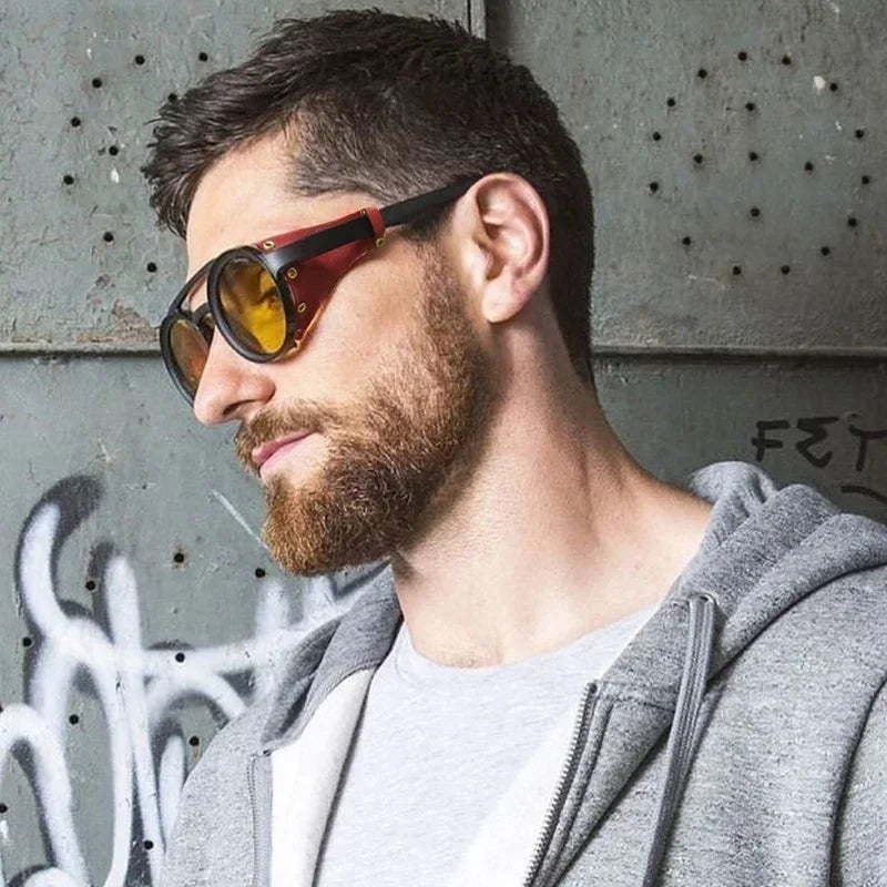Steampunk Shields Sunglasses Men Women Classic SunGlasses With Side Leather Round Eyewear Pink UV400 Lens