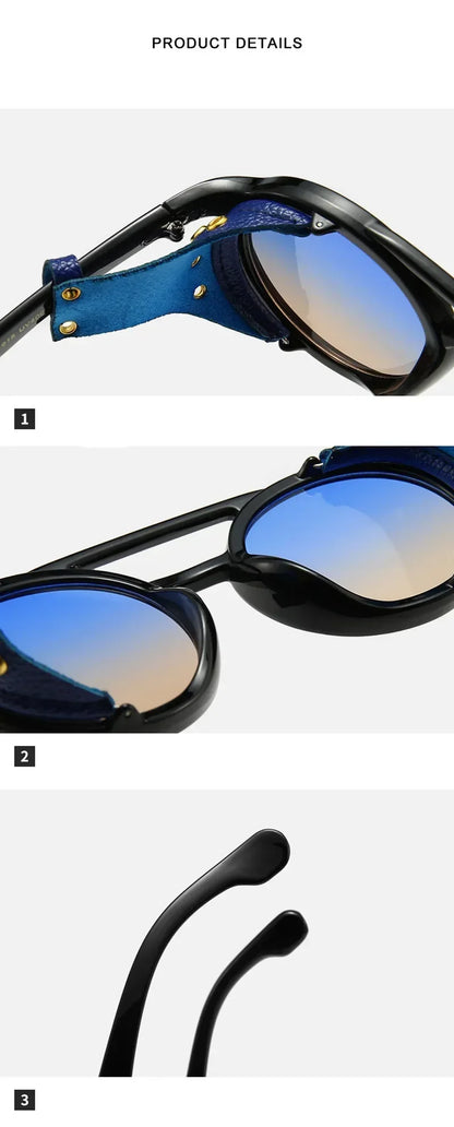 Steampunk Shields Sunglasses Men Women Classic SunGlasses With Side Leather Round Eyewear Pink UV400 Lens