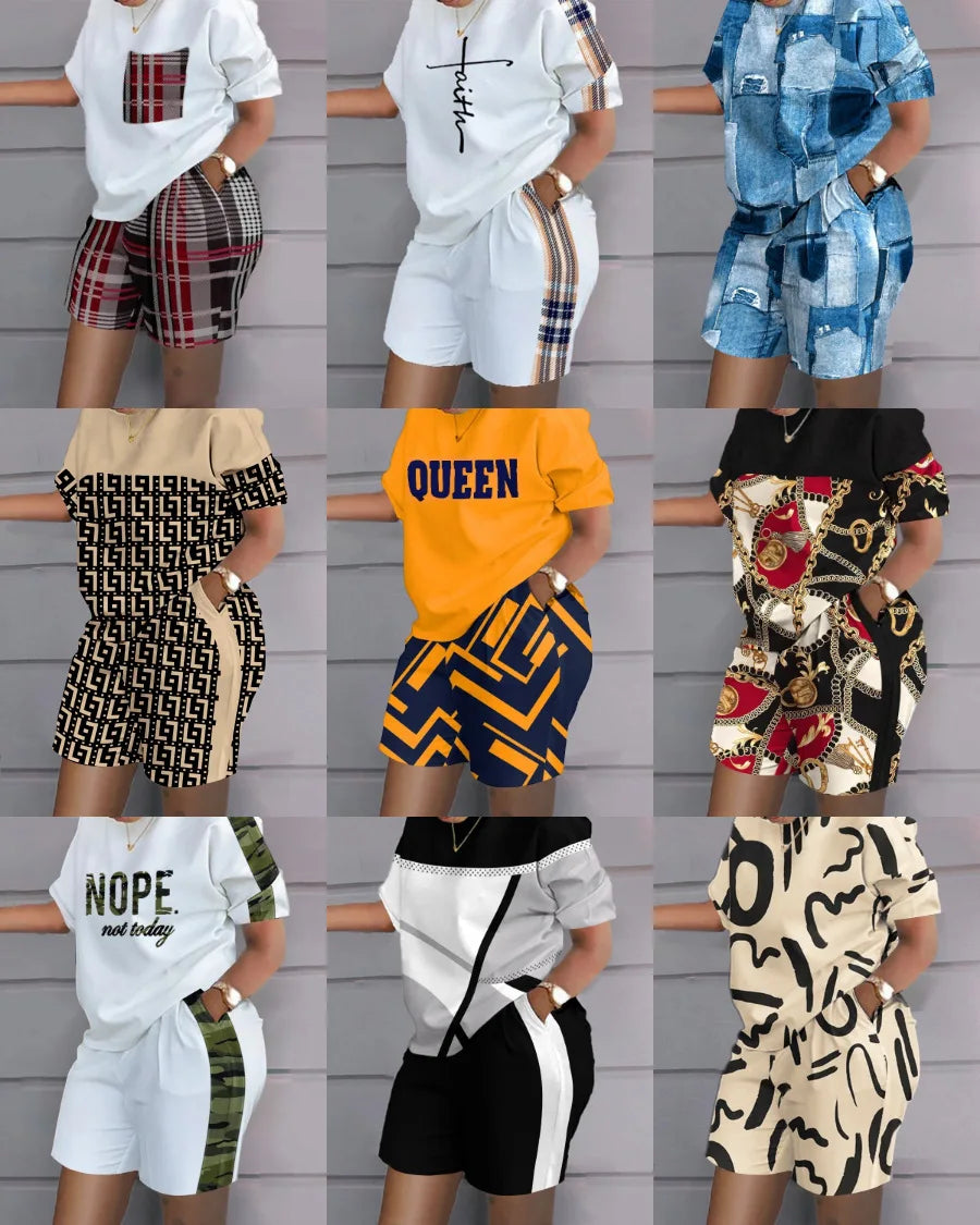 Ladies Casual Summer Two Piece Sets Printed Shorts Sets Women Round Neck Short Sleeve T Shirts Pullover High Waist Trousers Suit