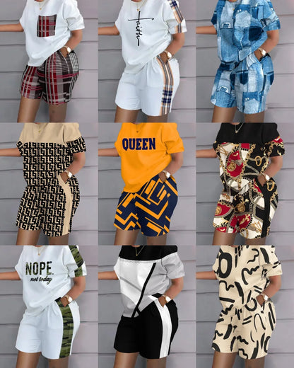 Ladies Casual Summer Two Piece Sets Printed Shorts Sets Women Round Neck Short Sleeve T Shirts Pullover High Waist Trousers Suit