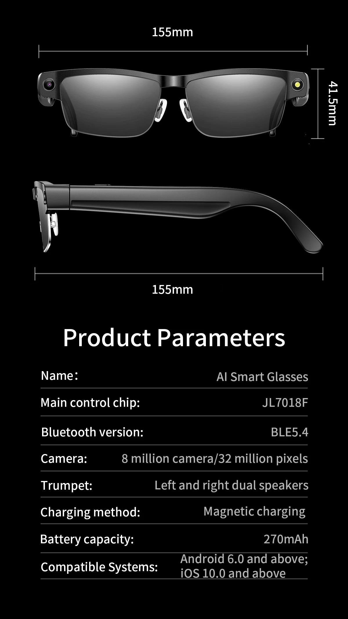 2026 Smart Glasses 800W HD Camera Anti Shake Video Recording Music AI Object Recognition WIFI Transmission BT Call Smart Glasses