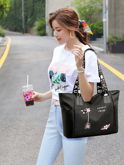 Flower embroidery fashionable oxford cloth handbag large capacity shoulder bag waterproof handbag large canvas bag
