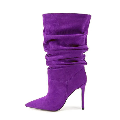 2025Women's Autumn and Winter New Pleated High-heeled Short Boots with Pointed Sleeves, Women's 35-47 Large Mid Length Boots